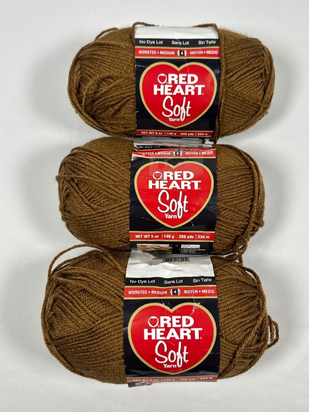 Red Heart Soft Yarn Color 1882 Toast Medium 4 Worsted Weight Lot 3 Skeins Brown